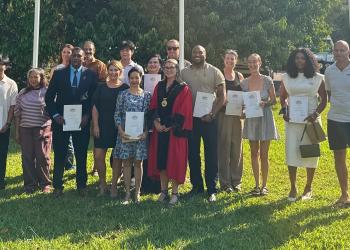 All new Australian Citizens pose with the mayor of Litchfield, Rachael Wright