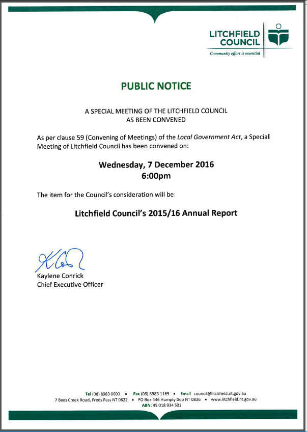 Special Meeting of Council - November 2016